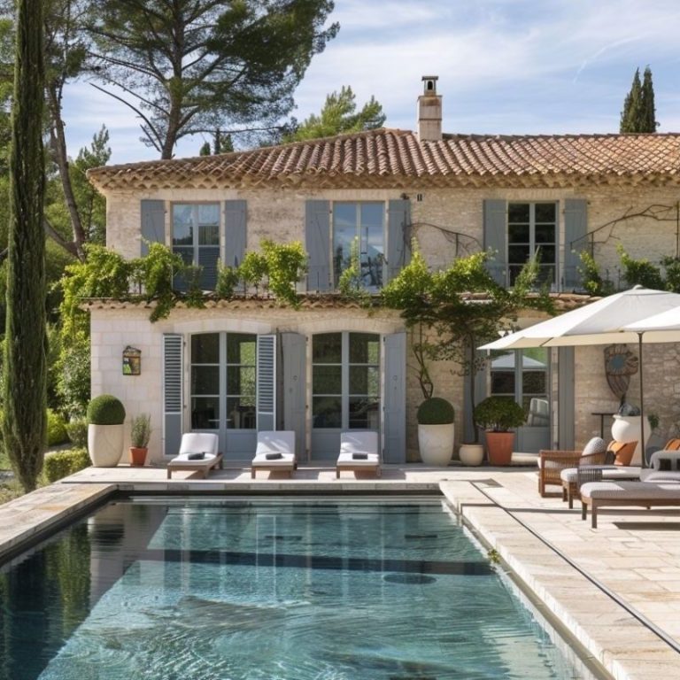 Maison en pierre avec piscine, chaises longues et verdure environnante.